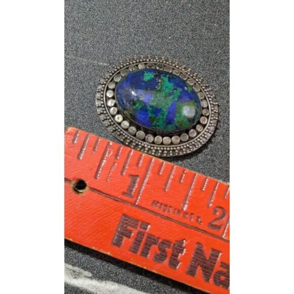 Vintage 925 Sterling Silver Azurite Malachite Oval Brooch Pin Southwestern Style
